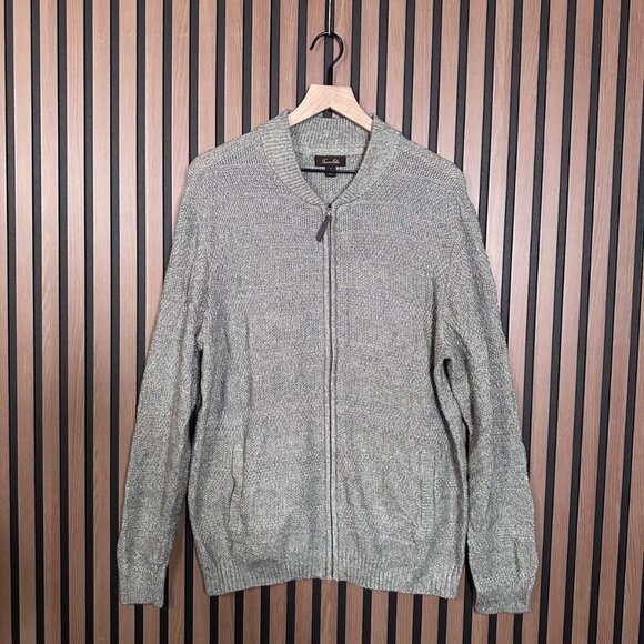 New Tasso Elba Sweater Large Mens Gray Sterling Heather Crotchet Knit Full Zip - Picture 1 of 8